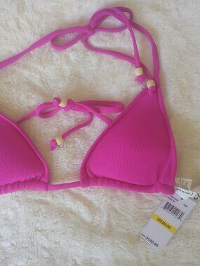 LUCKY BRAND 2-PC Swim Bikini Hot Pink Fuchsia🌷 w/Ivory Beads on Ties (M) NWT